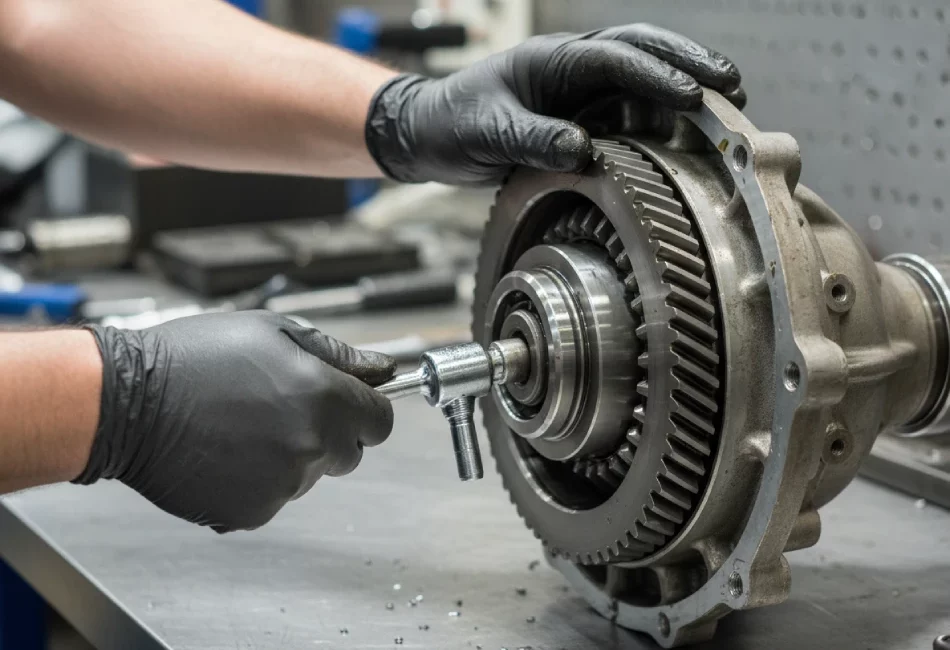 Mechanic repairing a car differential or gearbox assembly on a workbench