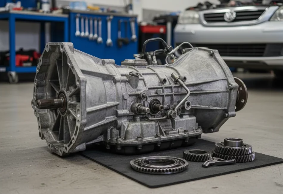 Disassembled car gearbox on the floor of an auto repair shop, ready for rebuilding and repair