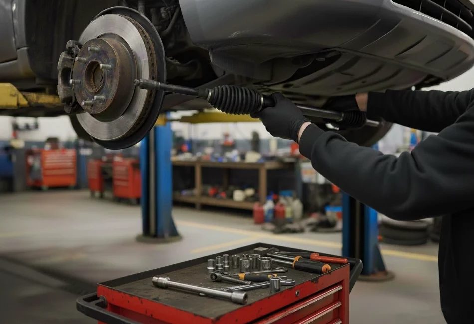 Reparación del sistema de dirección en un vehículo. Primer plano de mecánico instalando una rótula de dirección en un taller